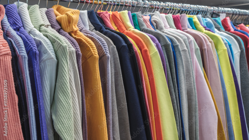 Poster Rack of colorful sweaters hanging on a clothesline. The colors are bright and cheerful, creating a sense of warmth and comfort