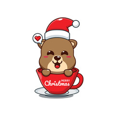 Cute otter wearing Santa Claus hat in cup cartoon vector illustration