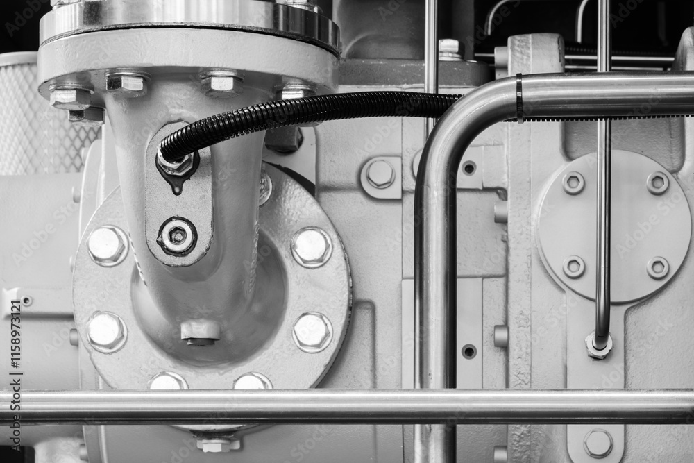 Poster close up of a metal pipe with a bolt on it. the bolt is in the middle of the pipe, and it is surroun
