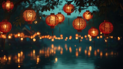 Floating Lanterns on a Tranquil River During a Peaceful Night Festival Water Lantern Festival Photography Serene Evening Glow Aesthetics Traditional Candle-Lit Celebrations