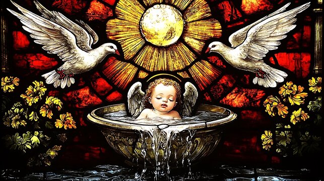 A masterful stained glass composition of baptism, water pouring from a luminous shell onto a baby’s head, celestial light radiating outward,