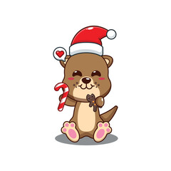 Cute otter eating christmas cookies and candy.