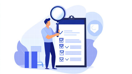 businessman focused on safety standards reviews checklist with magnifying glass, ensuring thoroughness and attention to detail in his work