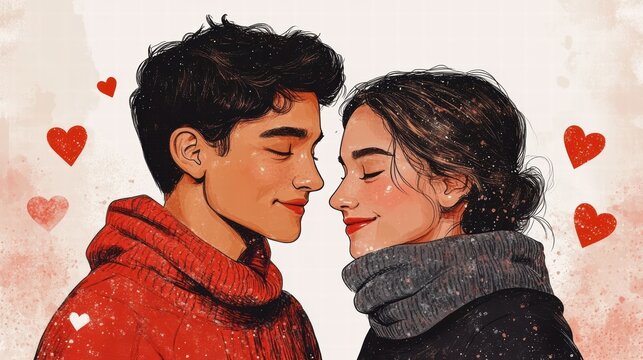 Heartwarming valentine couples embrace illustrations in romantic settings empty space for personalization