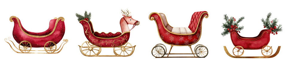 Collection of elegant vintage style sleighs adorned with festive Christmas elements like holly berries evergreen branches and holiday trimmings creating a cozy and joyful winter scene