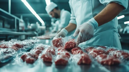 A professional butcher carefully wraps fresh meat cuts in plastic at a bustling food processing plant, ensuring quality and safety for consumers.