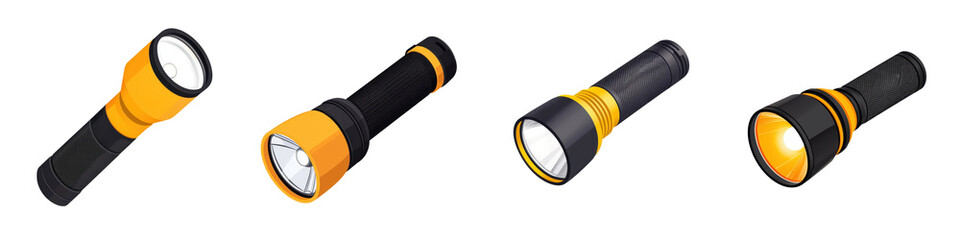 Closeup shot of various industrial style flashlights or torchlights in different colors and designs including black and yellow models  These portable
