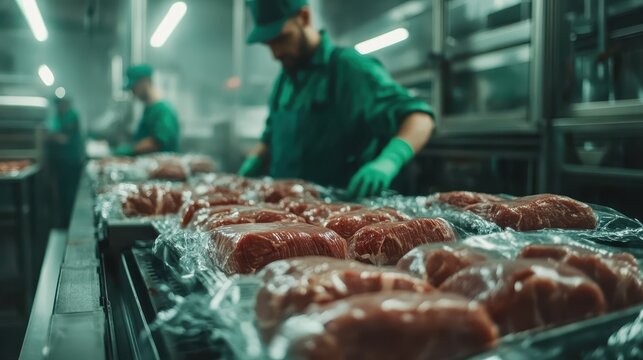 A worker at a meat processing facility wraps fresh meat cuts in plastic for distribution, ensuring high standards of quality control and hygiene are met.