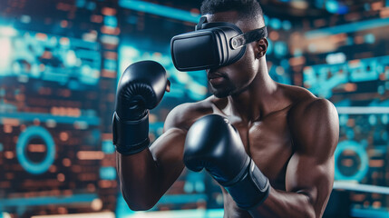 Male athlete in a sports bra and boxing gloves engages in a high-tech virtual training session, using VR technology in a modern gym with holographic displays