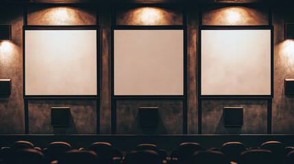 Blank movie posters illuminated by spotlights. Vector realistic mockup of white picture frames on gray tiled wall in cinema, theater or gallery. Empty advertising banners with black border and lamps