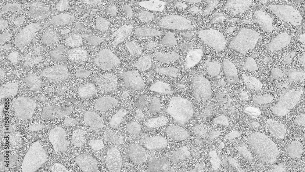Poster gray stone surface with many small stones as a flat textured background top view. stones are scatter