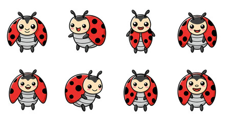 Naklejka premium Beetle lady bug set line. Insect animal collection. Ladybug, ladybird. Funny horns. Cute cartoon kawaii smiling baby character. Education cards for kids. Isolated. White background. Flat design.