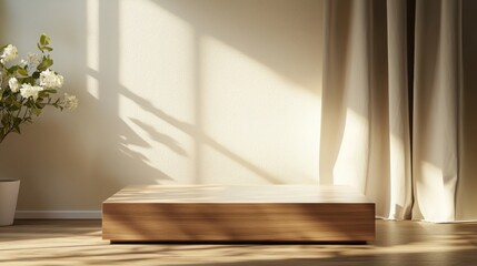 A serene interior scene with soft sunlight illuminating a wooden surface, surrounded by gentle shadows and a plant in the background, creating tranquility.