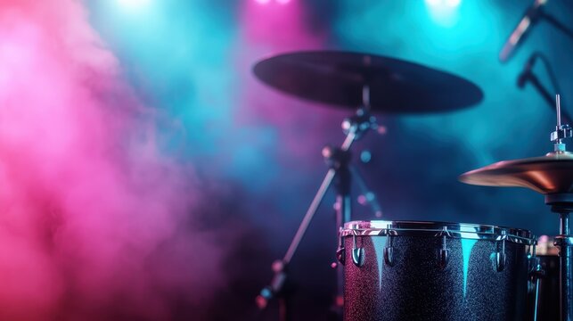 A close perspective of a drum set with vividly colored stage lighting in pink, purple, and blue hues, creating a lively atmosphere perfect for musical expression.