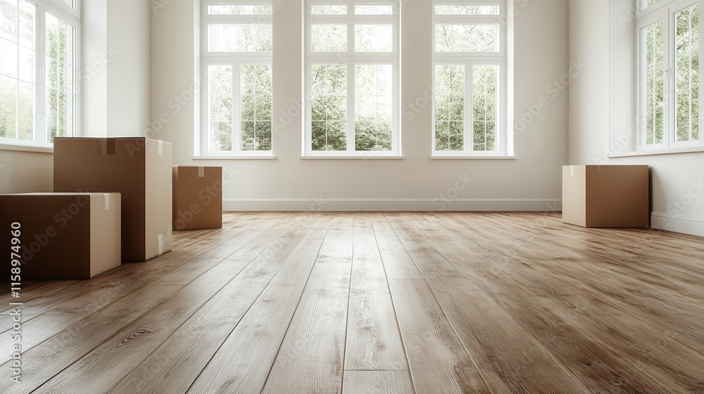 Wall mural A bright room with large windows offers a serene view of lush greenery outside, featuring a polished wooden floor and scattered moving boxes hinting at a fresh start.