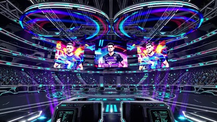 Exciting esports event taking place in a futuristic arena with vibrant lighting and large screens