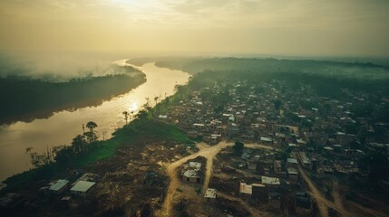 Fototapeta premium Aerial View of Riverside Community at Sunrise