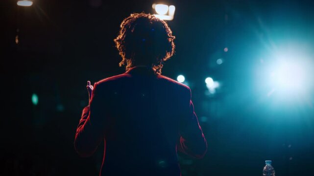 Back view of male comedian on stage, man speaking jokes and funny stories. Entertainment and leisure, professional artist speaking comical monologues or singing songs, performance in nightclubs