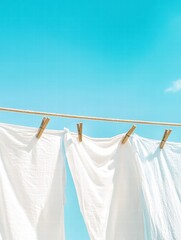 Bright white clothes drying on a line under a sunny blue sky with ample copy space for text. Generative AI