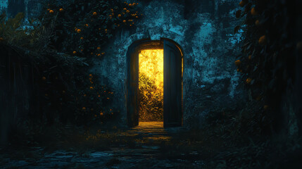 Fototapeta premium Door opening with glow, discovery, opportunity, exit concept with light shine from open doorway in dark room with sparks or mysterious radiance inviting to enter, Realistic 3d vector illustration