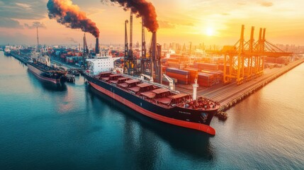 Aerial View of Ships and Pollution at Busy Port