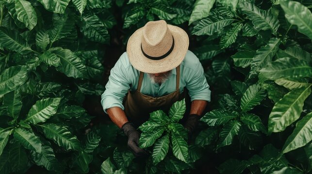 A farmer, wearing a straw hat, works amidst vibrant green coffee plants, cultivating the land. The scene captures a blend of dedication and natural beauty.