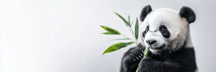 Obraz premium Panda happily holding bamboo with plenty of copy space for text in a minimalistic setting. Generative AI