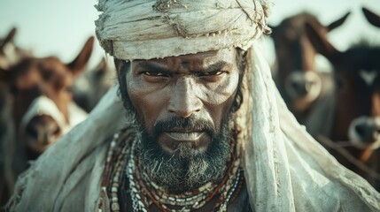 A striking portrait featuring a man with a dark turban, nestled among a herd of cattle, evoking strength and determination in a culturally rich, rural environment.