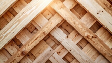 A creative arrangement of intersecting wooden planks in soft sunlight, creating an intriguing geometric pattern that highlights craftsmanship and design simplicity.