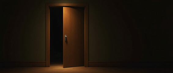 Mysterious Wooden Door Ajar with Warm Light Spilling into Dark Room