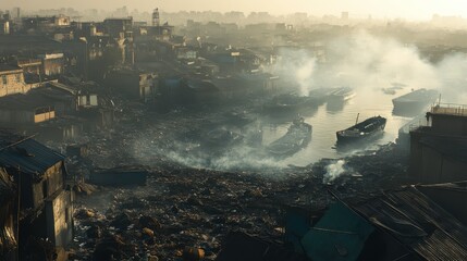 Aerial View of Waste Pollution Near Fishing Village