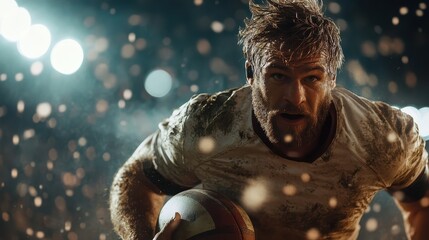A muddy rugby player crouches with focus, ready to engage in an intense match under bright lights, depicting the adrenaline and high-octane action of the game.