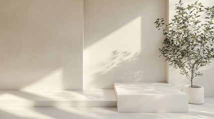 A serene, minimalist interior featuring a neutral palette, a plant, and soft shadows that create a tranquil atmosphere.