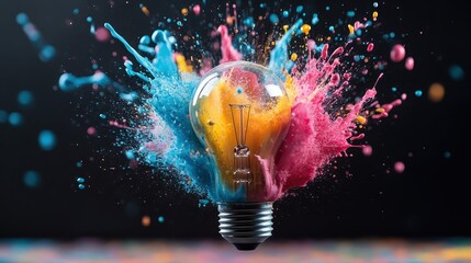 An illuminating light bulb is surrounded by a burst of vibrant paint colors, illustrating creativity, inspirational ideas, and artistic expression in a modern style.