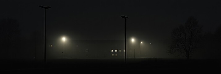 Contrast of darkness and light in a quiet urban landscape with few illuminated windows. Generative AI