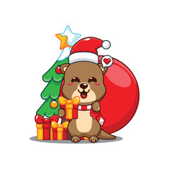 Cute otter as a santa claus carrying bag of presents in Christmas day.