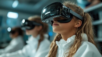 A young girl is focused on an immersive experience, sitting in a classroom setting and wearing a virtual reality headset, exploring a digital world.
