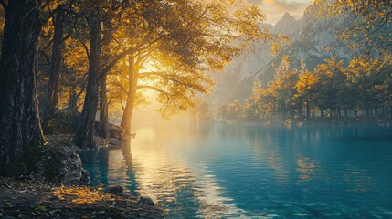 Obraz premium Golden sunrise over tranquil lake in autumnal forest.
