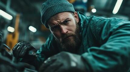 A bearded mechanic intensely engages with engine parts, showcasing profound concentration in a dimly lit garage setting, symbolizing dedication and intricacy.