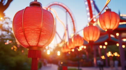 Obraz premium Bright Morning at Amusement Park with Roller Coaster