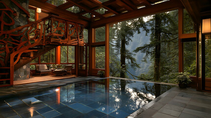 Luxurious indoor pool with forest view, wooden staircase and natural light.