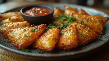 Plate of crispy samosas served with refreshing mint chutney.