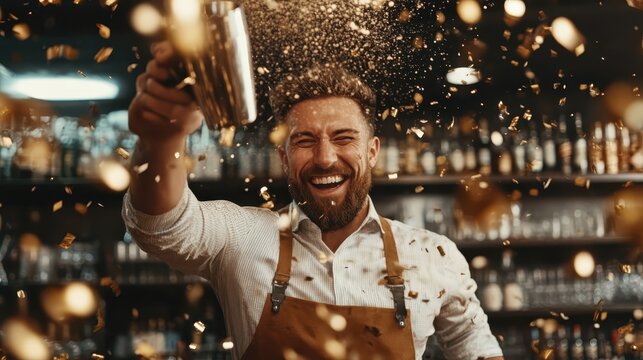 A lively bartender wearing an apron shakes a cocktail shaker, creating an explosion of golden sparkles, adding energy and excitement to the bar environment.