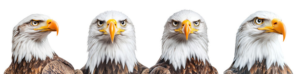 Fototapeta premium Collection of Four Stunning Bald Eagle Close Up Portraits Showcasing the Powerful Presence and Fierce Beauty of this Iconic American Raptor in its Natural Environment