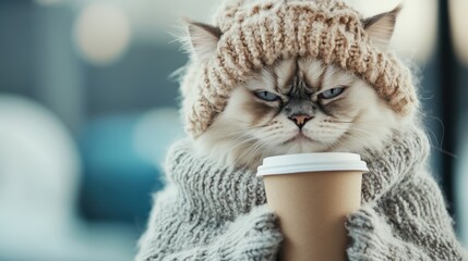 A stern-looking cat dressed in a knitted sweater and beanie holds a coffee cup, blending humor and cuteness, set against a blurred background creating an urban vibe.