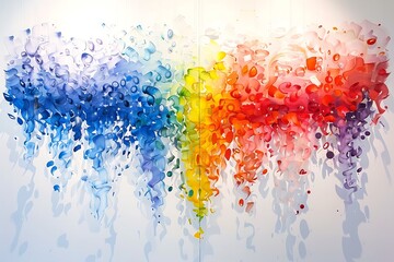 abstract colorful background, A vibrant abstract artwork featuring a rainbow spectrum of watercolor splashes and drips, creating a cascading effect on a white background. The colors blend and flow tog