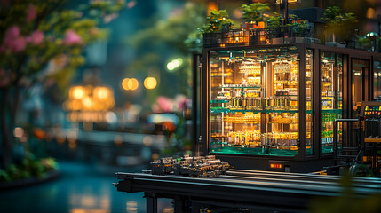 Miniature city scene in glass enclosure, illuminated interior,  plants, bokeh background.