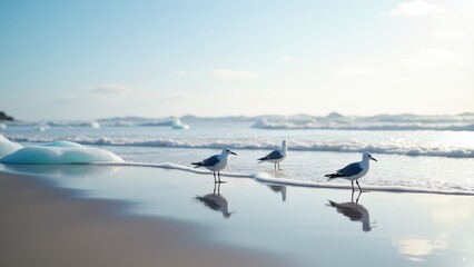 Obraz premium First signs of spring, Beach with melting ice, seabirds, bright horizon, photorealistic.
