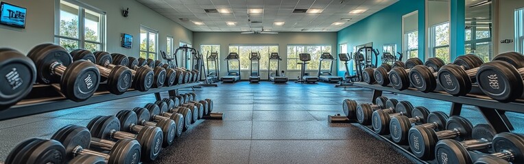 Modern Gym Interior Featuring Rows of Dumbbells and Natural Daylight