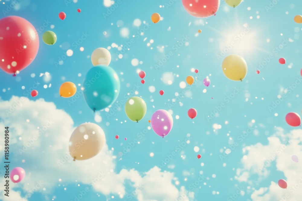 Poster brightly colored balloons floating in a clear blue sky on a sunny day, creating a joyful atmosphere.